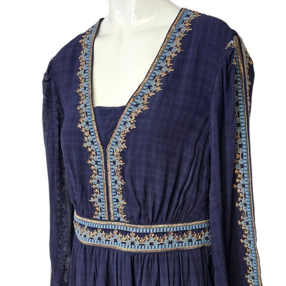 Boden Embroidered V-Neck Midi Dress, Navy, Long Sleeve, Feminine, Size 2 - Picture 3 of 10